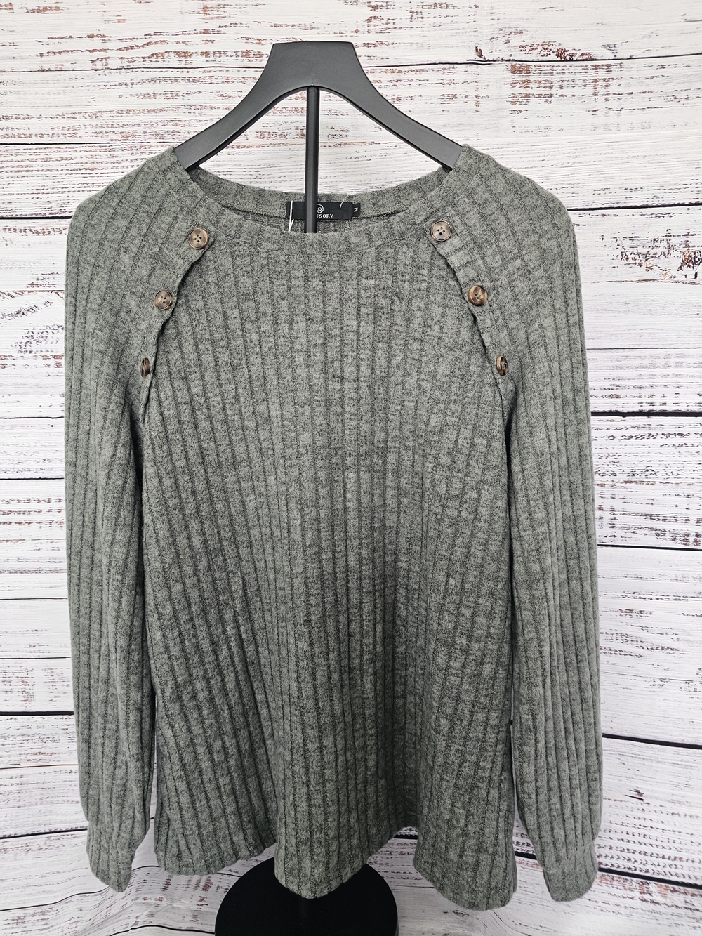 Sage Green Ribbed Button-Detail Sweater